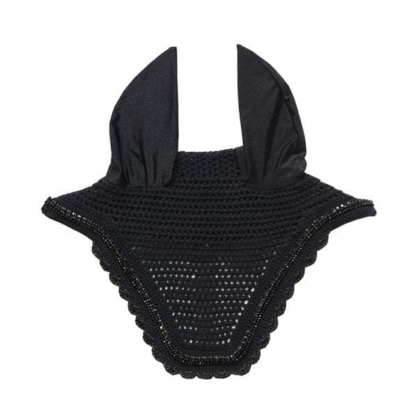 Black, crocheted fly veil for horses with ear covers.