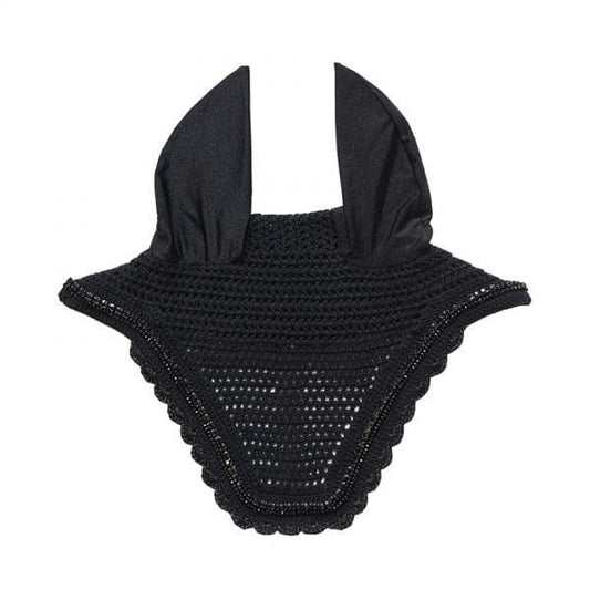 Black, crocheted fly veil for horses with ear covers.