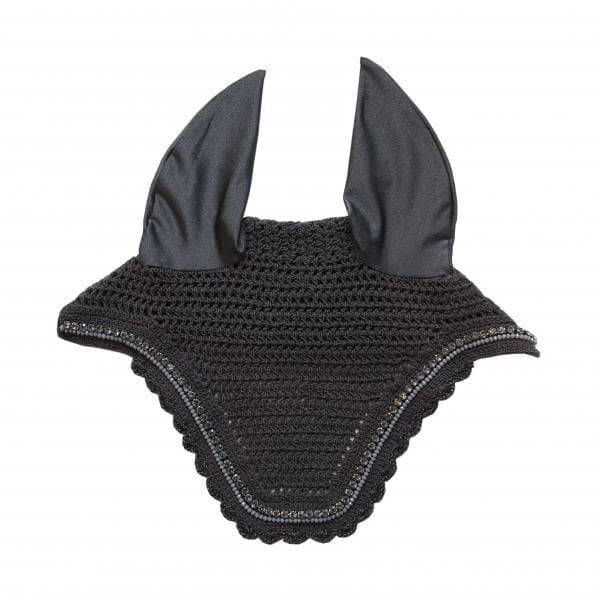 Black crocheted fly veil for horses with satin ears.