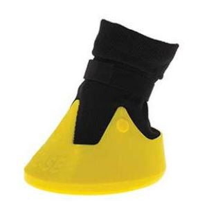 Alt: A yellow and black dog bootie designed to protect a pet's paw, featuring a black fabric upper and a durable yellow rubber sole.