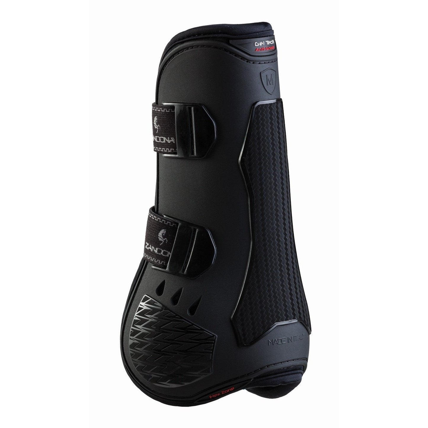 Zandona horse boots, black, protective gear, adjustable straps, carbon-look texture.